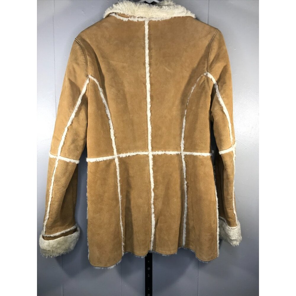 Vintage Y2K 90s Xhiliration 100% Leather Medium Faux Fur Jacket Coat Sherpa Tan - Picture 2 of 5